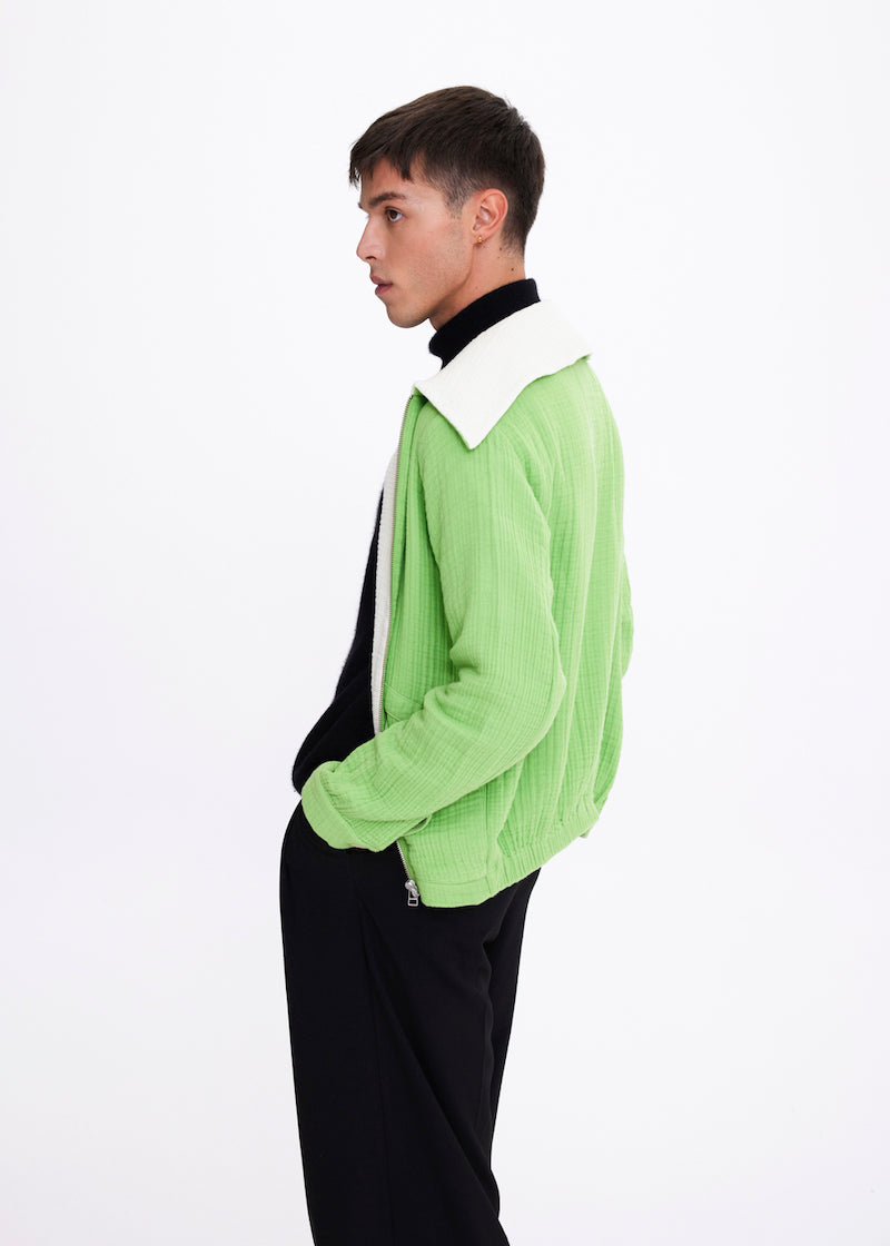 v-jacket-green-100-cotton-wide-collar-unisex-sustainable-bomber-jacket